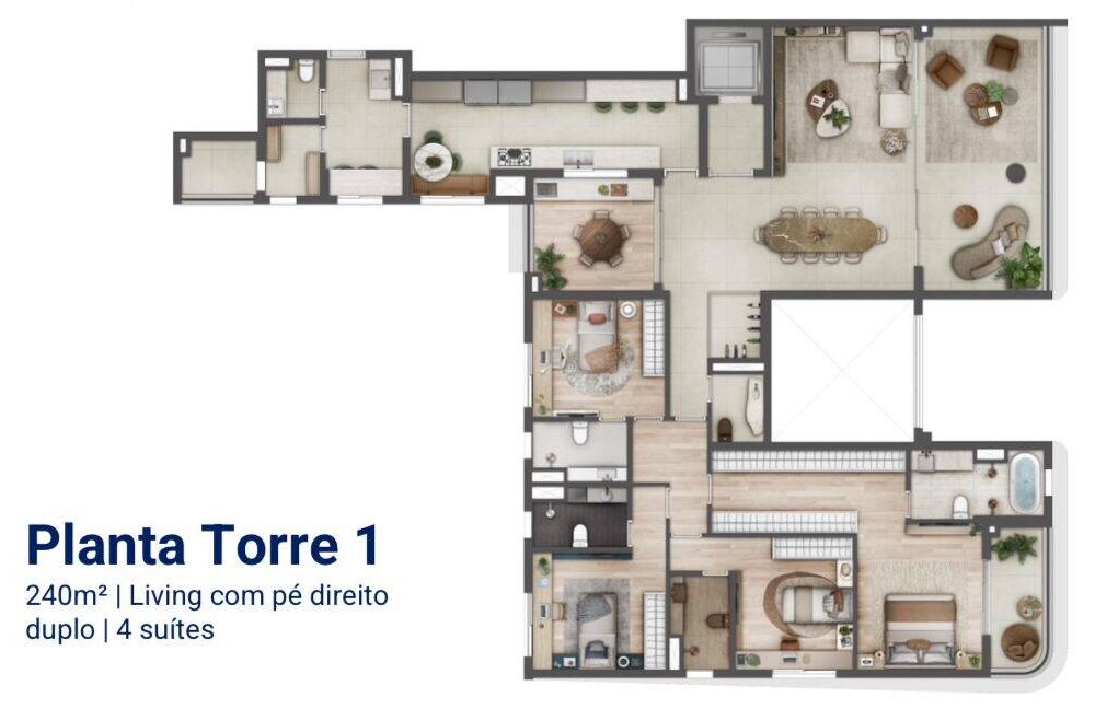 Living com pé direito duplo | 4 suítes