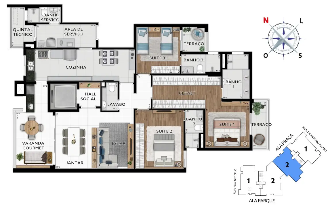 3 suítes, sendo duas com terraço, lavabo e varanda gourmet.