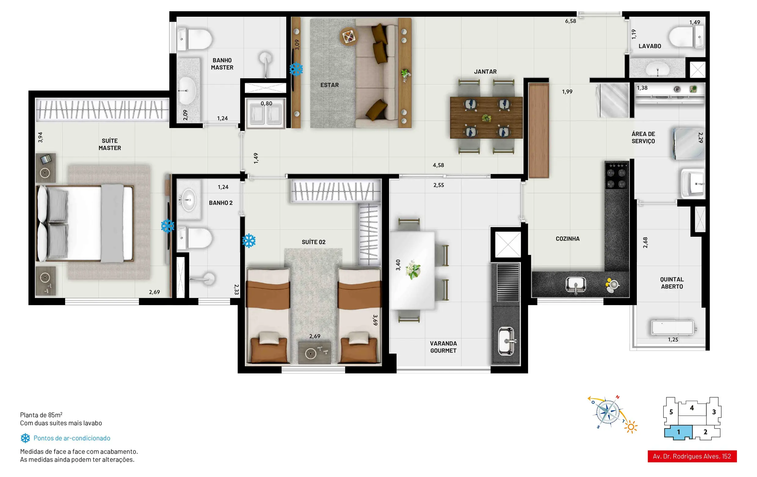 2 suítes mais lavabo. Depósito privativo por unidade.