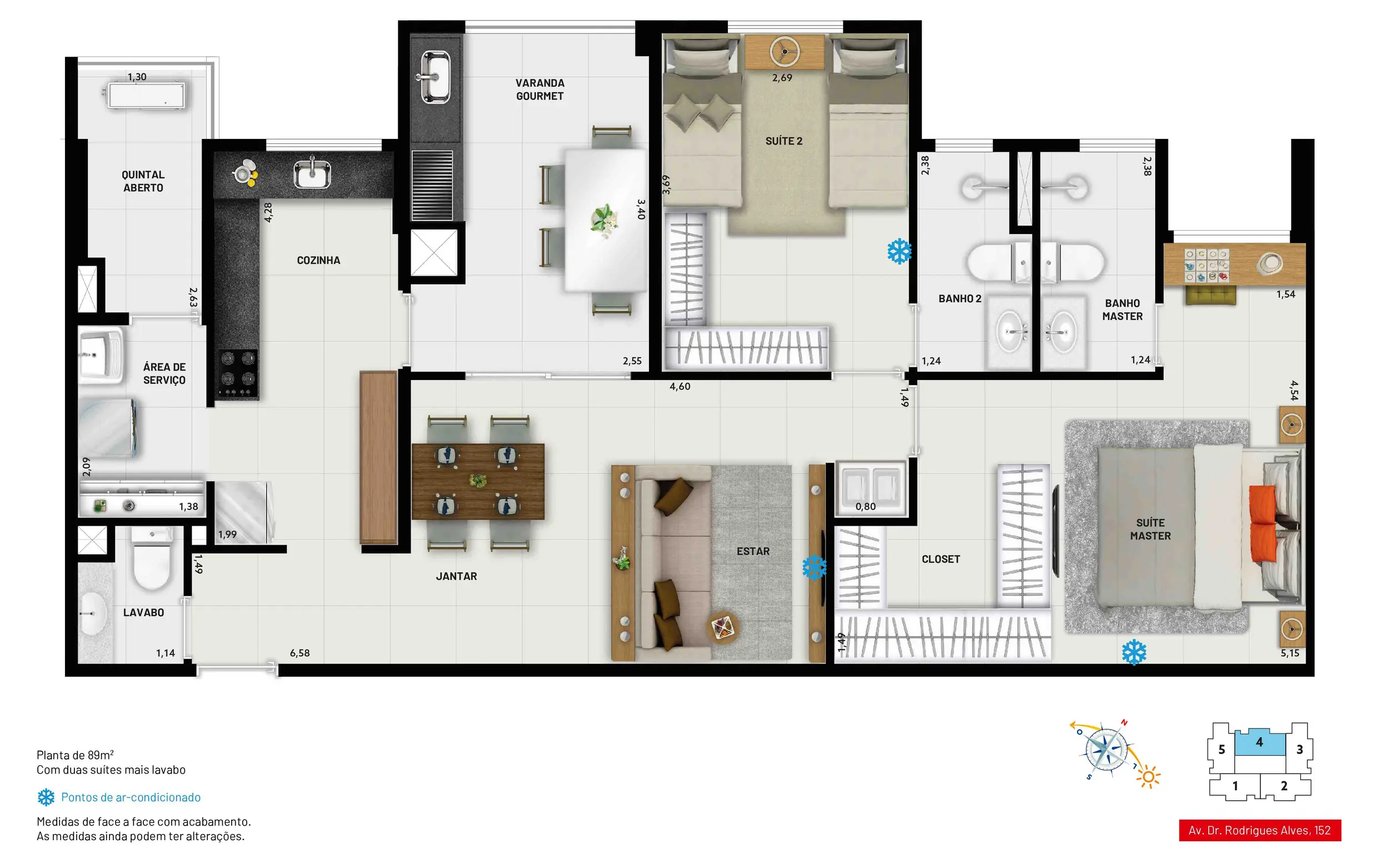 2 suítes (sendo a master com closet) mais lavabo. Depósito privativo por unidade.