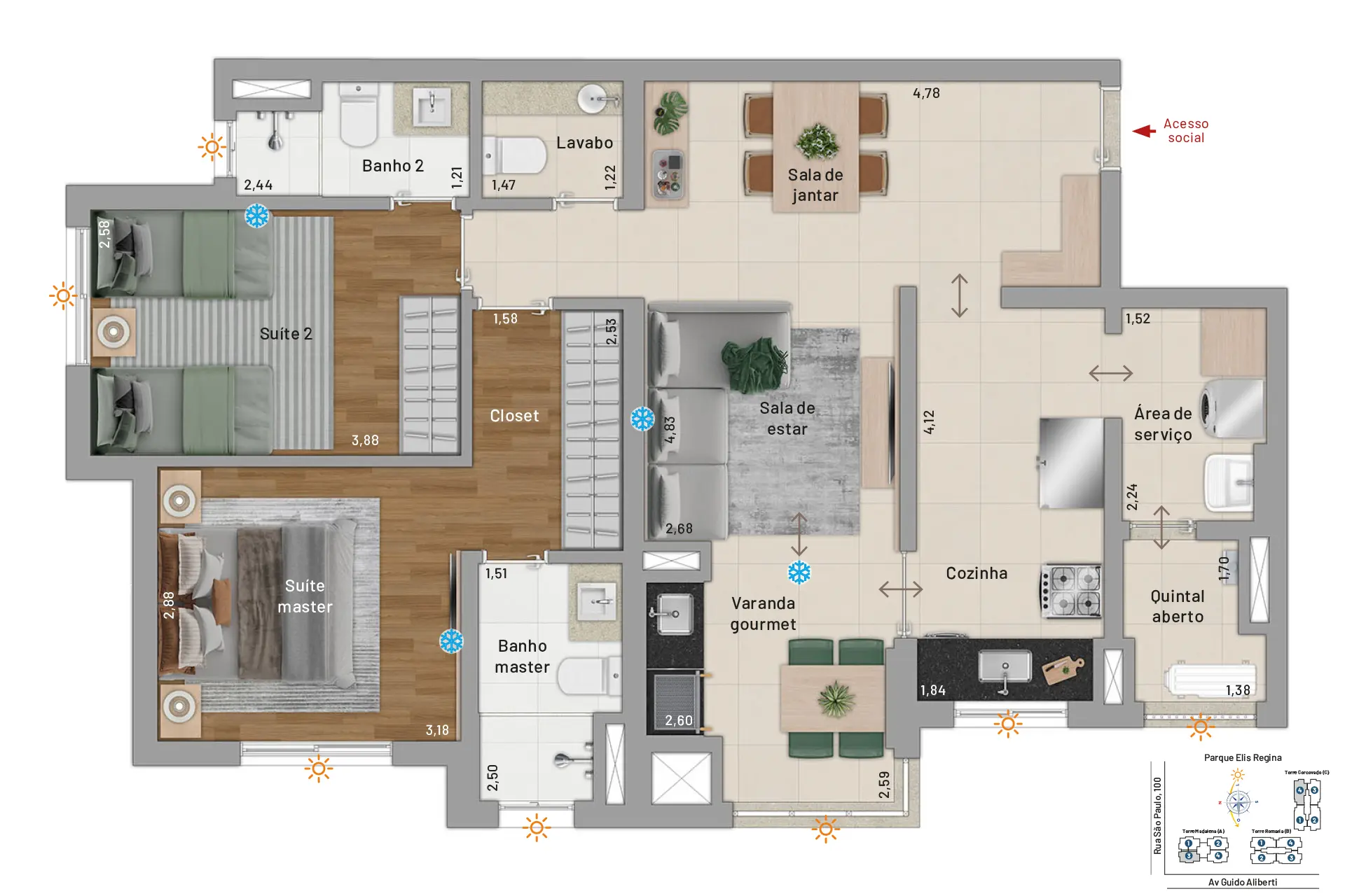 2 suítes, lavabo, quintal aberto e depósito privativo