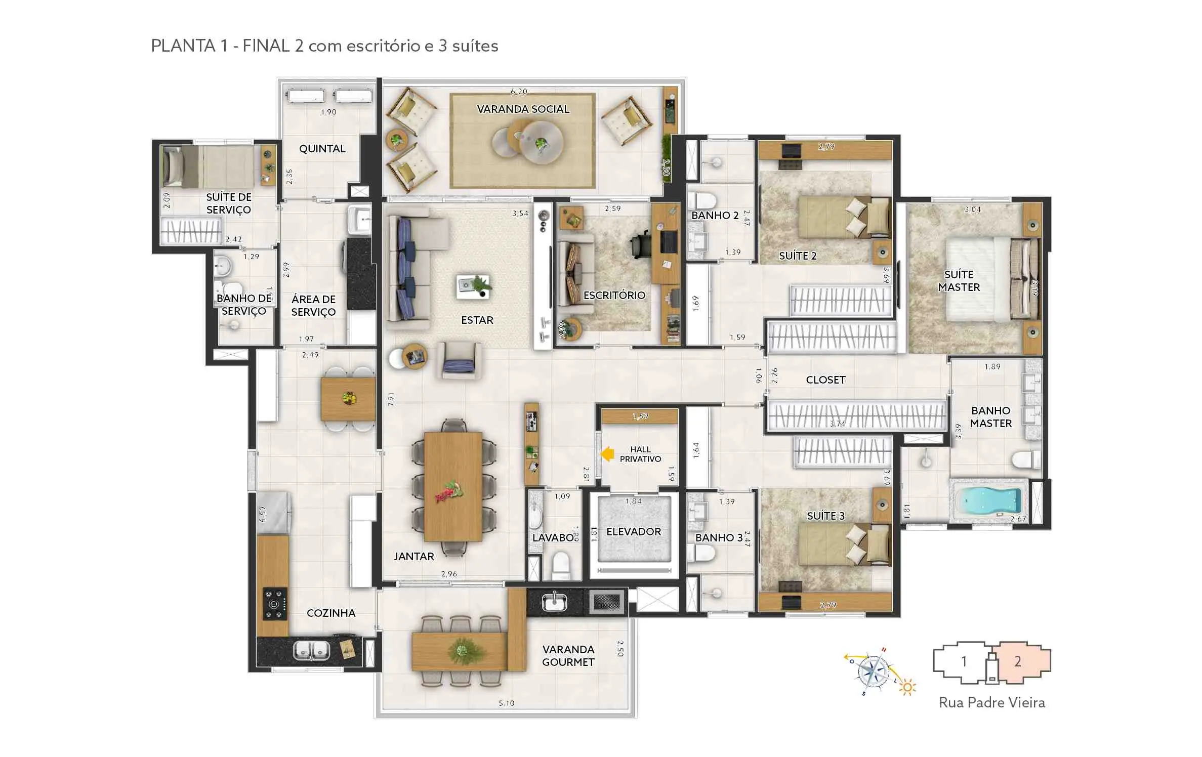 3 suítes mais suíte de serviço, lavabo, escritório e hall privativo. Varanda social + varanda gourmet, proporcionando ventilação cruzada.