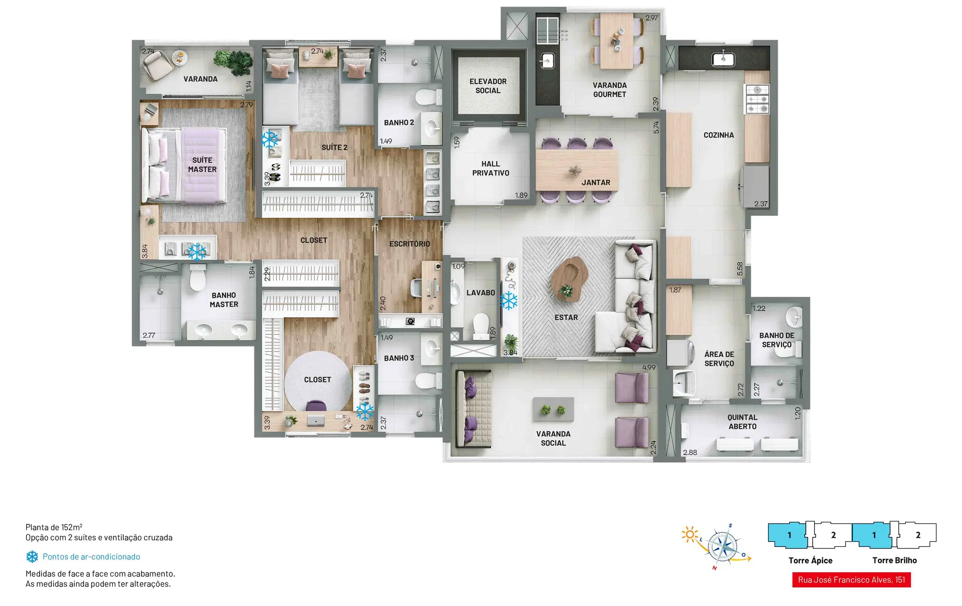 2 suítes, sendo uma master com varanda e closet. Lavabo, hall privativo e duas varandas, proporcionando ventilação cruzada.