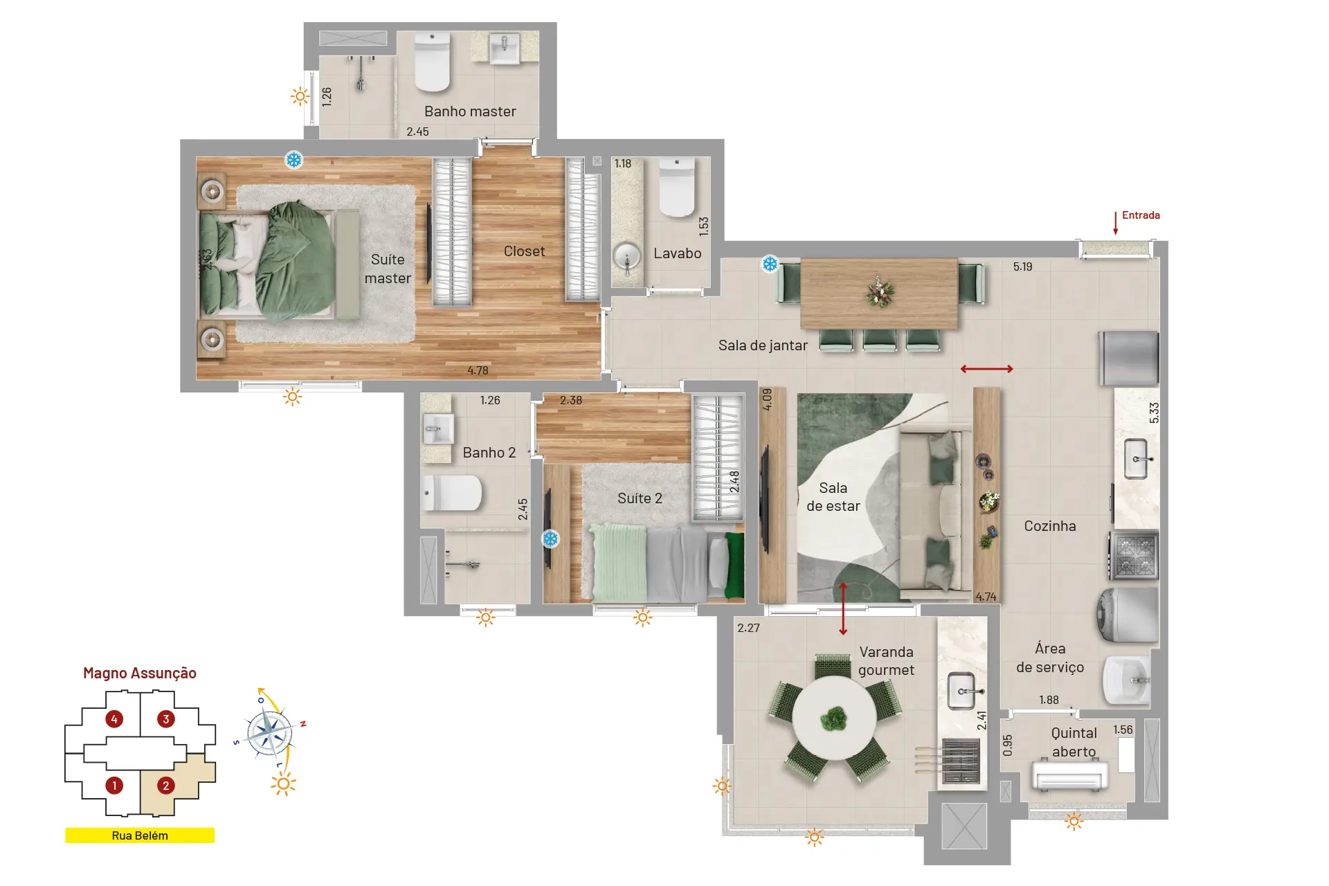 2 suítes, varanda gourmet, lavabo e quintal aberto