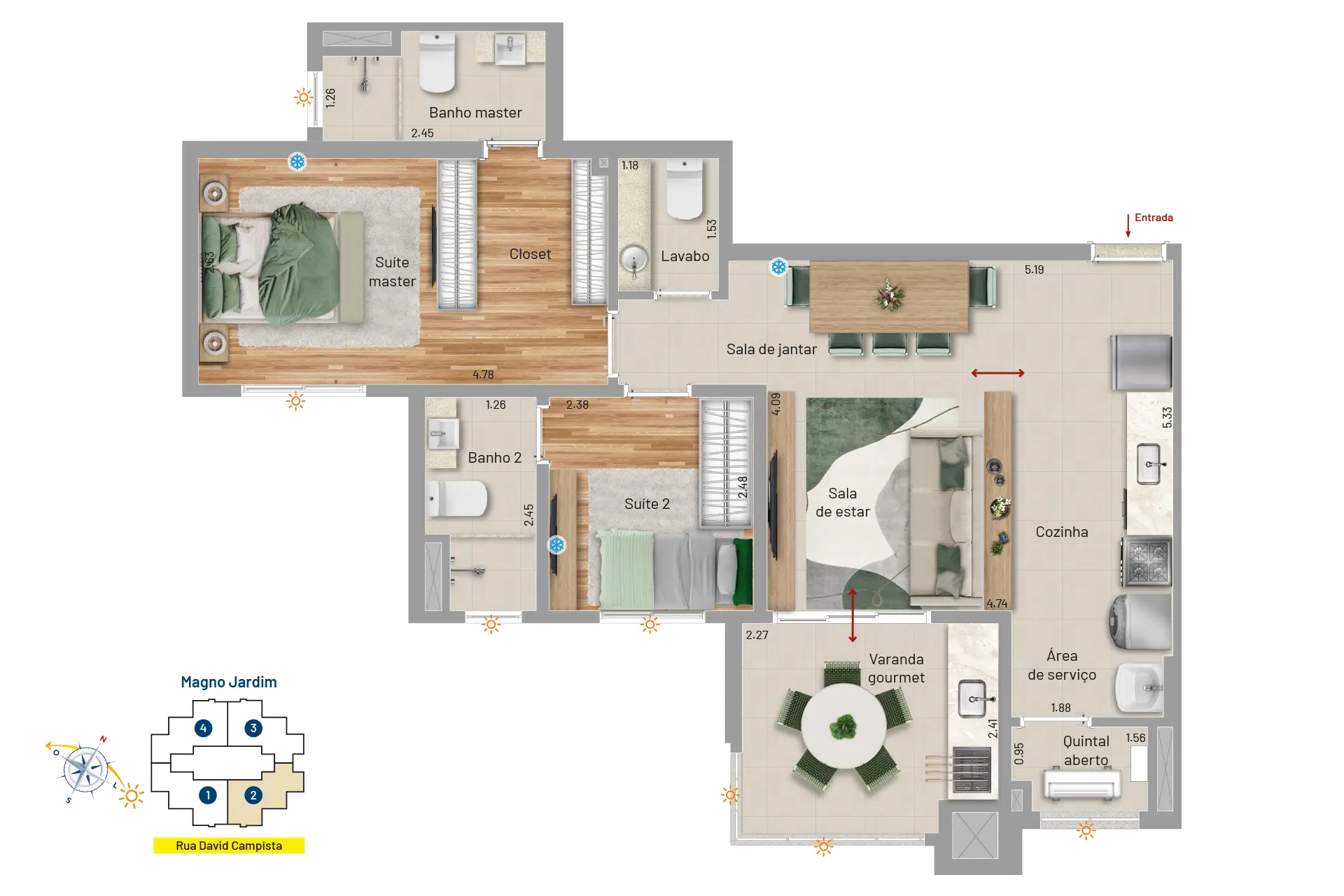 2 suítes, varanda gourmet, lavabo e quintal aberto