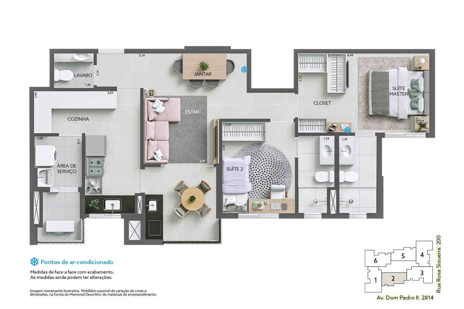 2 suítes mais lavabo com depósito privativo por unidade.