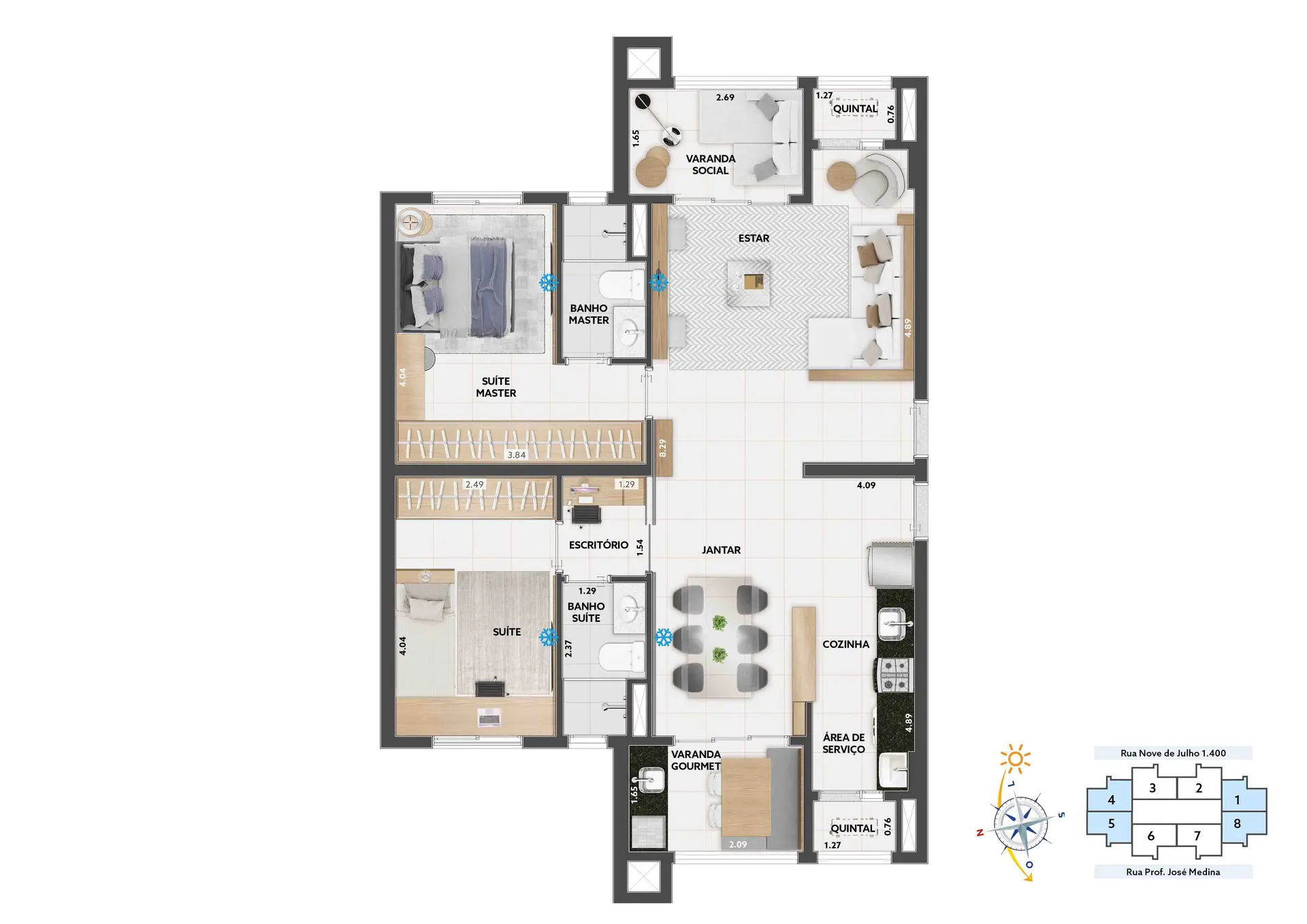 Opção de planta: junção das unidades finais 1 e 8 ou finais 4 e 5
