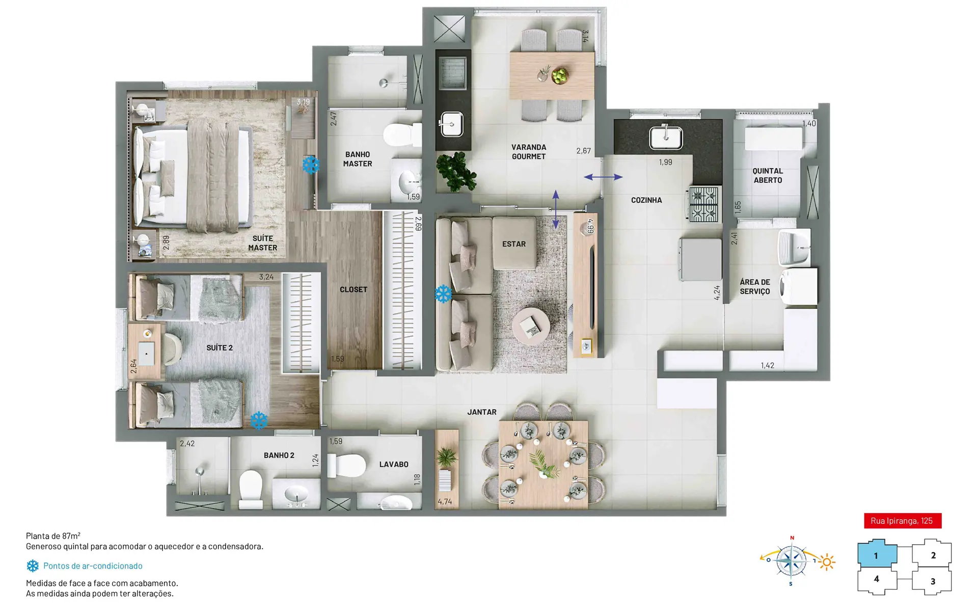 2 suítes, sendo a master com closet e lavabo. Depósito privativo por unidade.