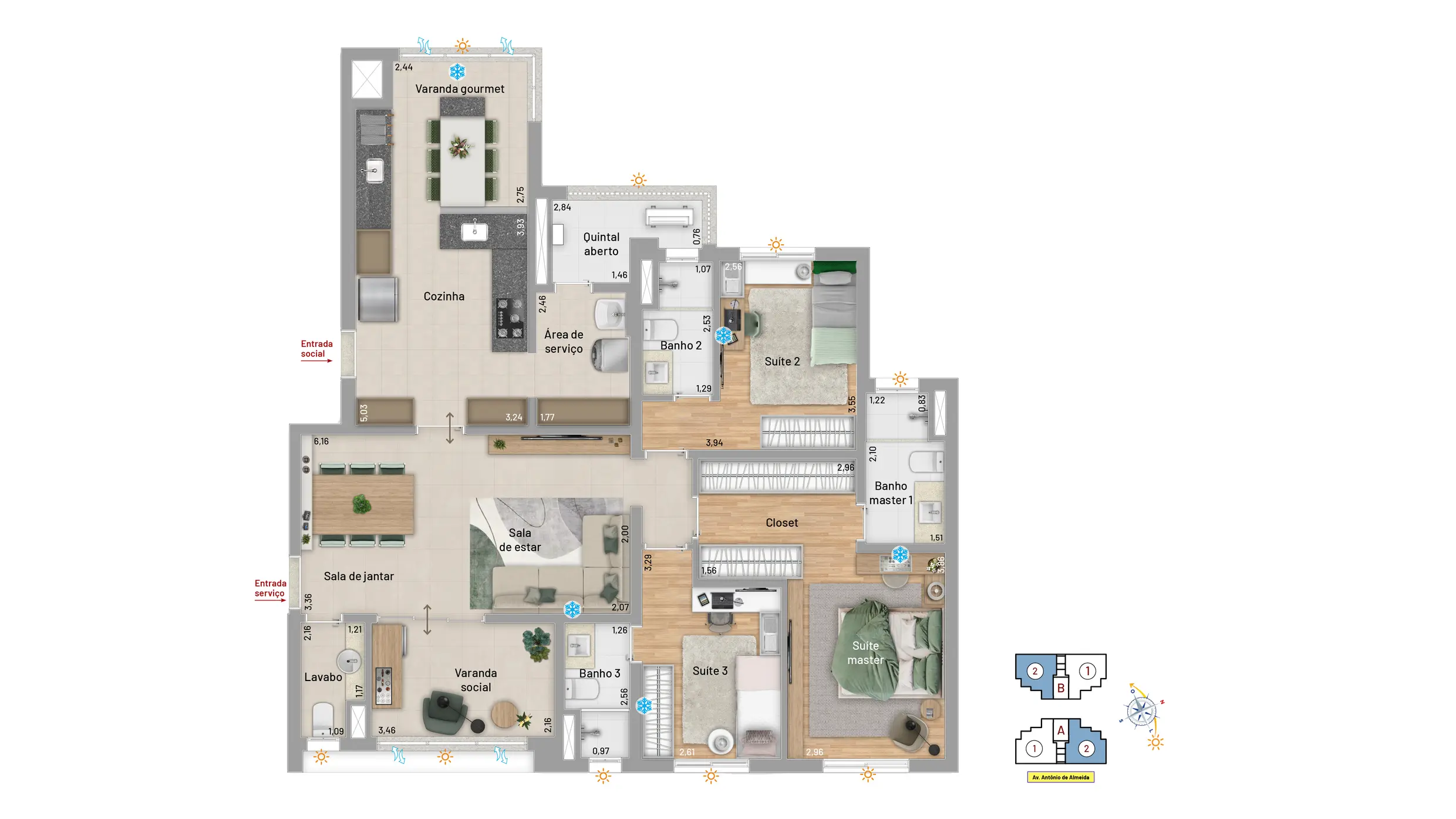 3 suítes (ou 2, se preferir), com ventilação cruzada e dupla vista