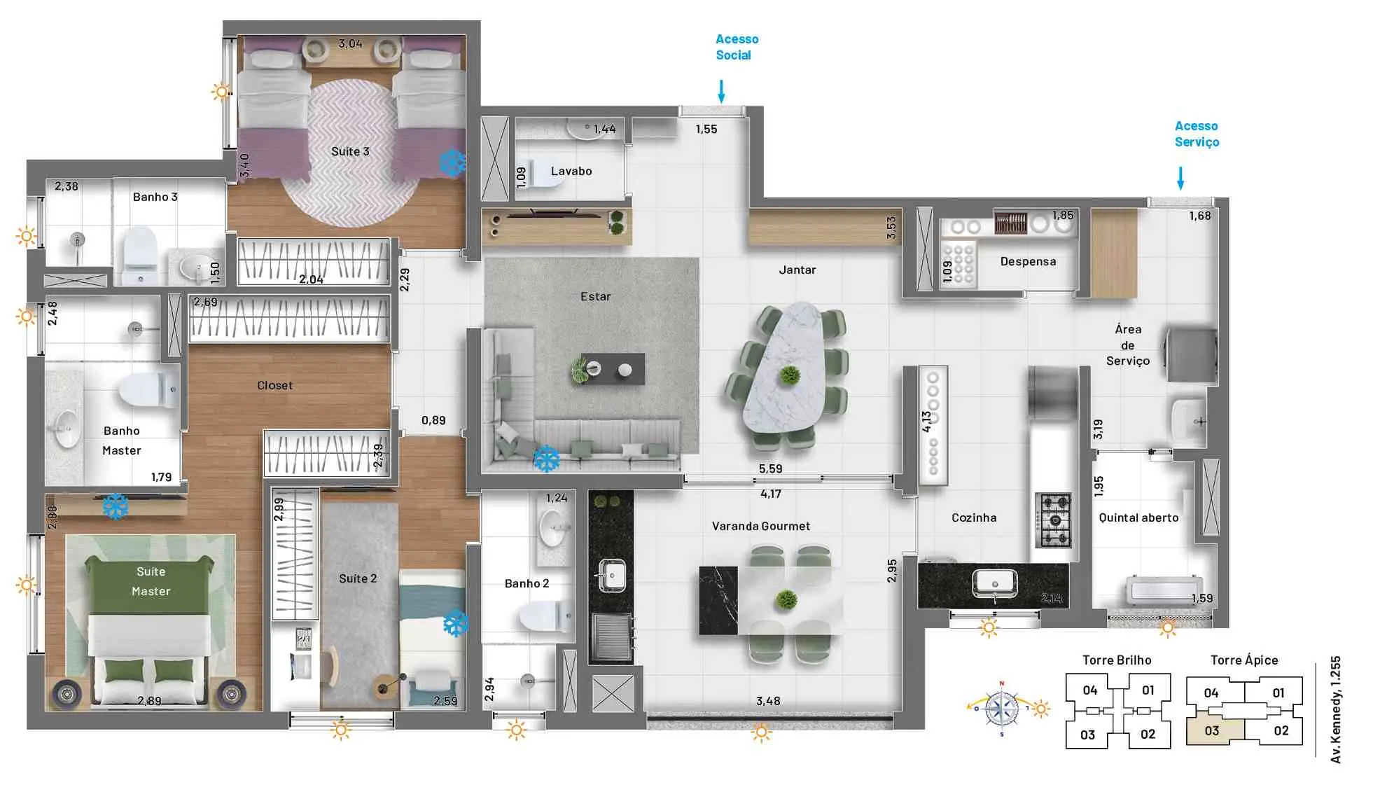 3 suítes, lavabo, duas entradas e área de serviço separada da cozinha. Ampla varanda gourmet e depósito home box por unidade. 
