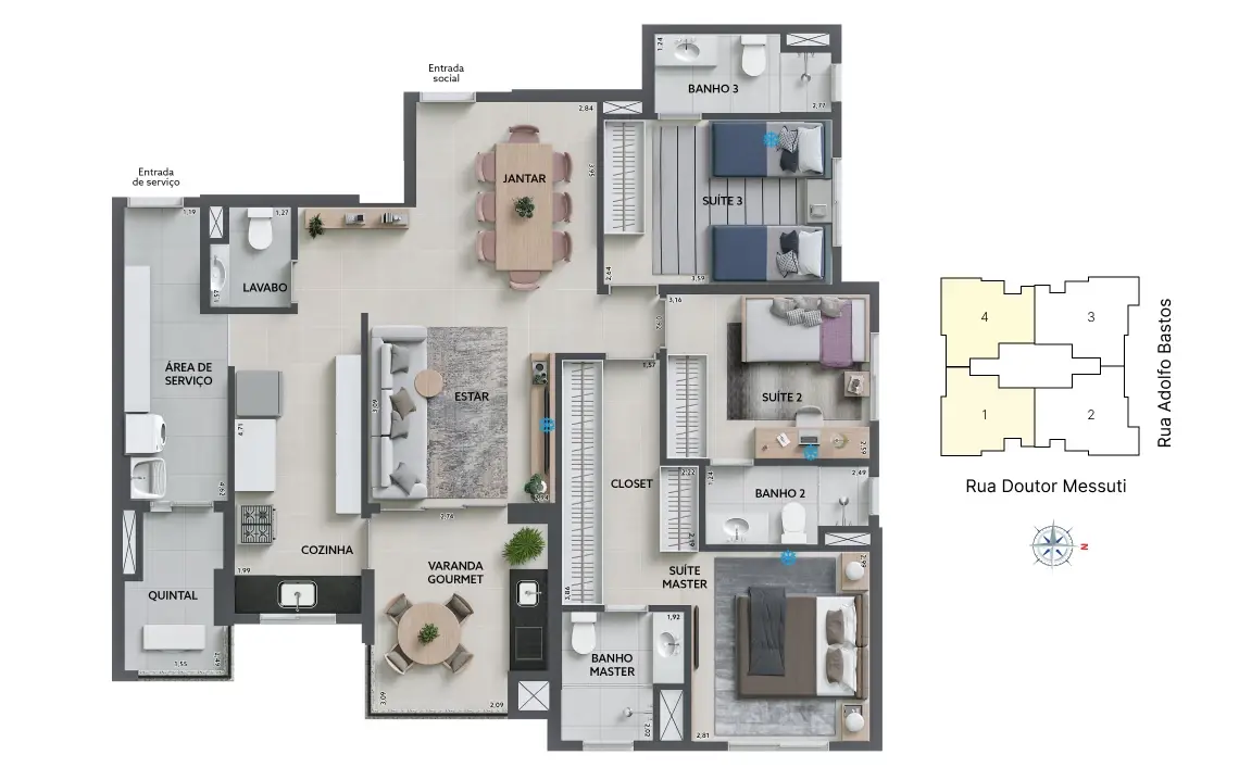 3 suítes mais lavabo com depósito privativo por unidade.