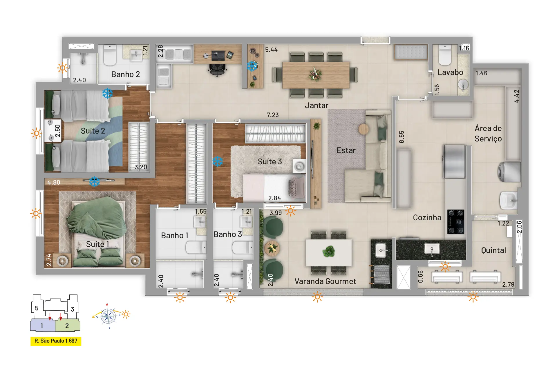3 suítes, sendo uma com espaço para home office ou também roupeiro, lavabo e varanda gourmet com churrasqueira a carvão.
