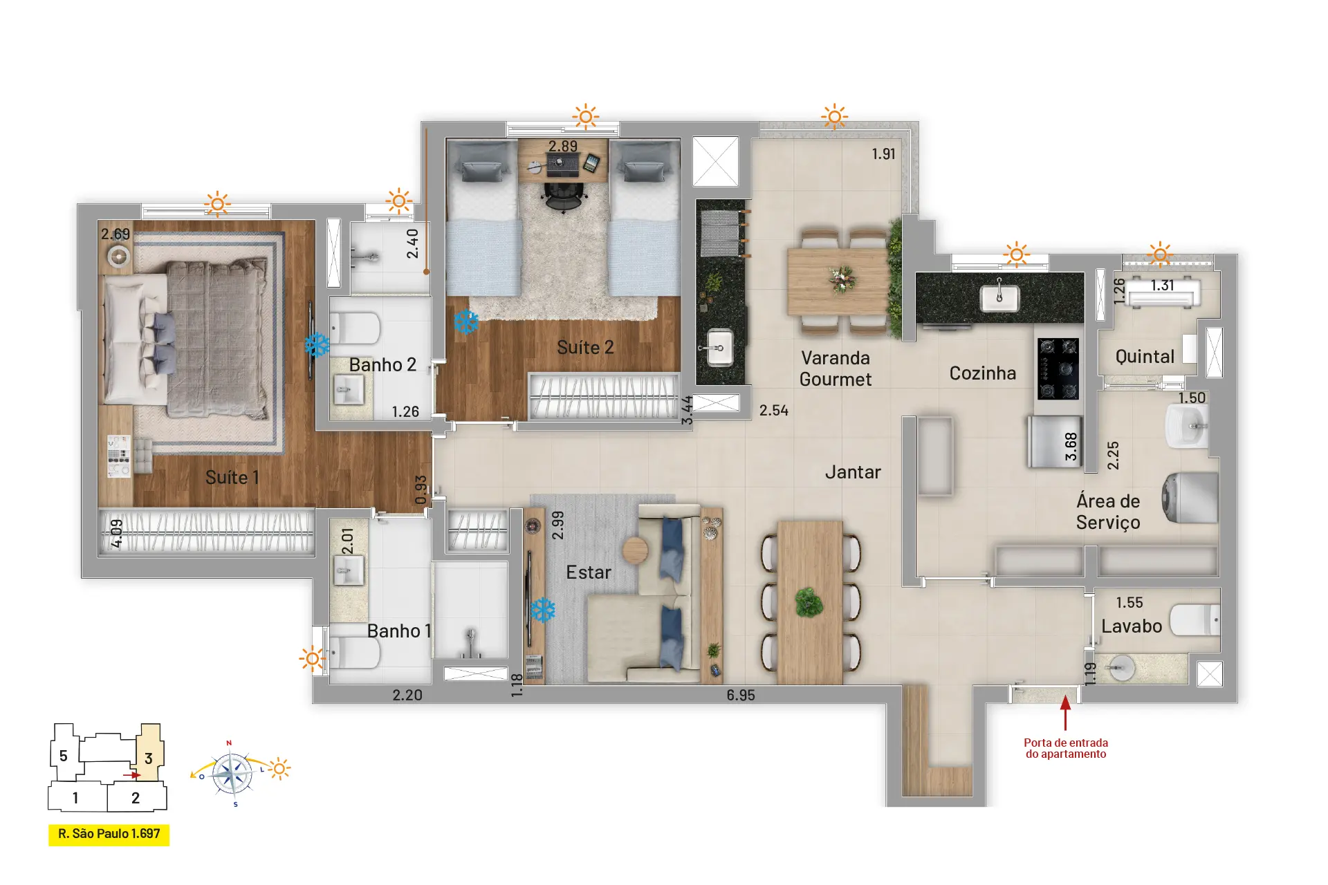 2 suítes, lavabo e varanda gourmet.