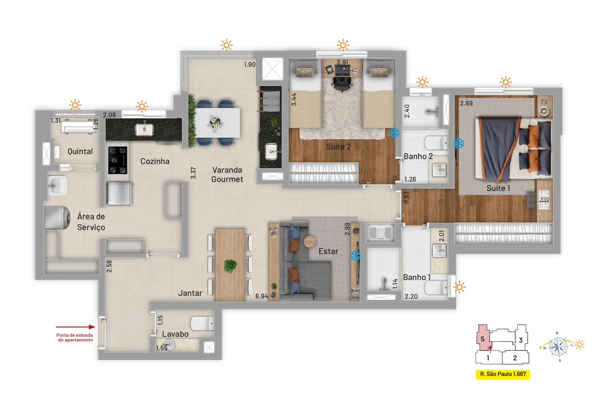 2 suítes, lavabo e varanda gourmet.