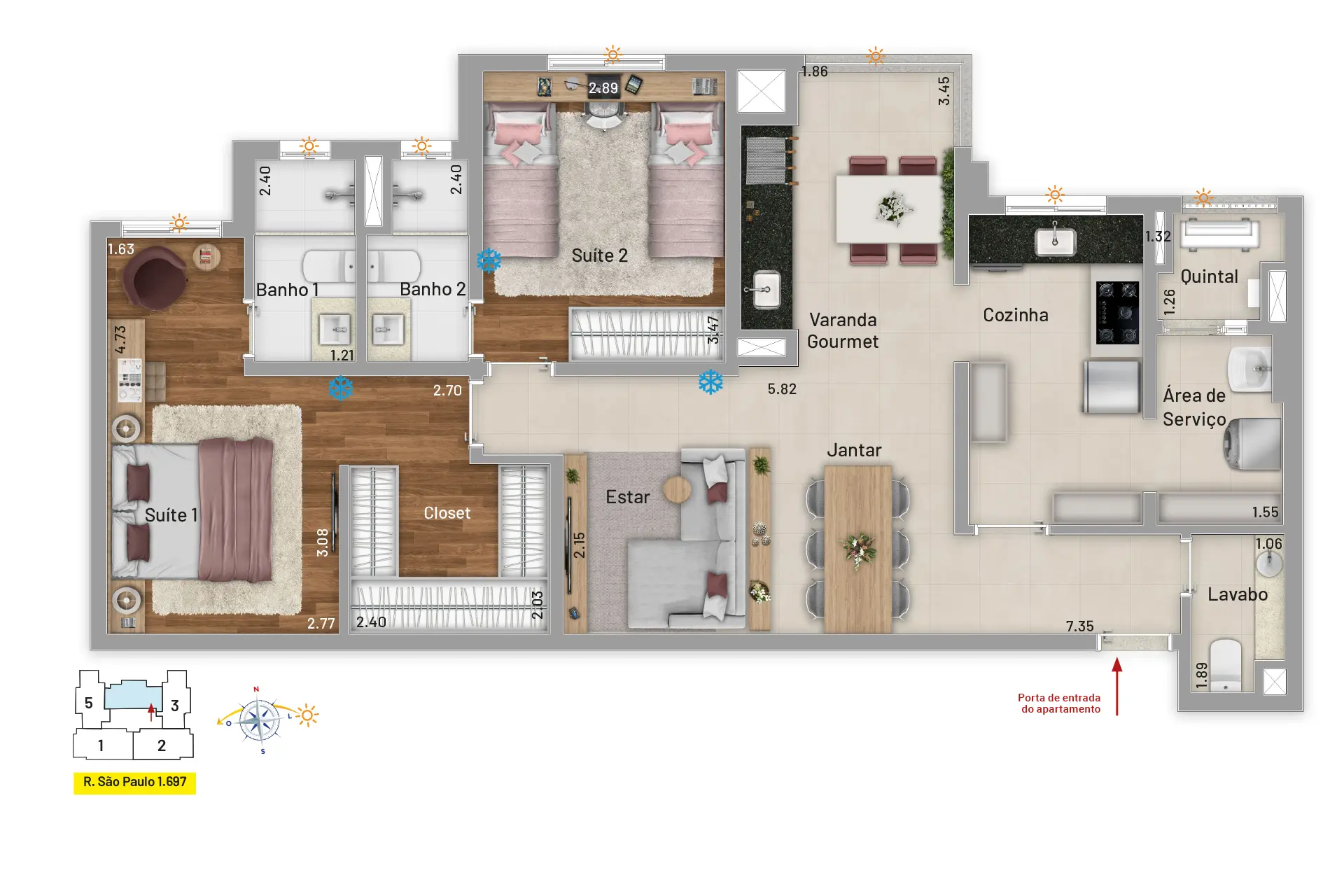2 suítes, sendo uma com closet ou espaço para home office, lavabo e varanda gourmet.