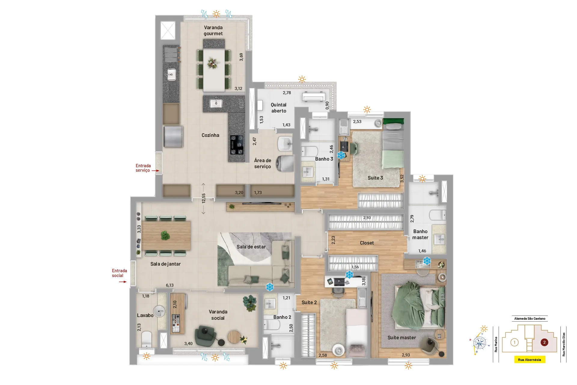 Planta de 134m² - Apartamentos de 3 suítes, com dupla vista e ventilação cruzada