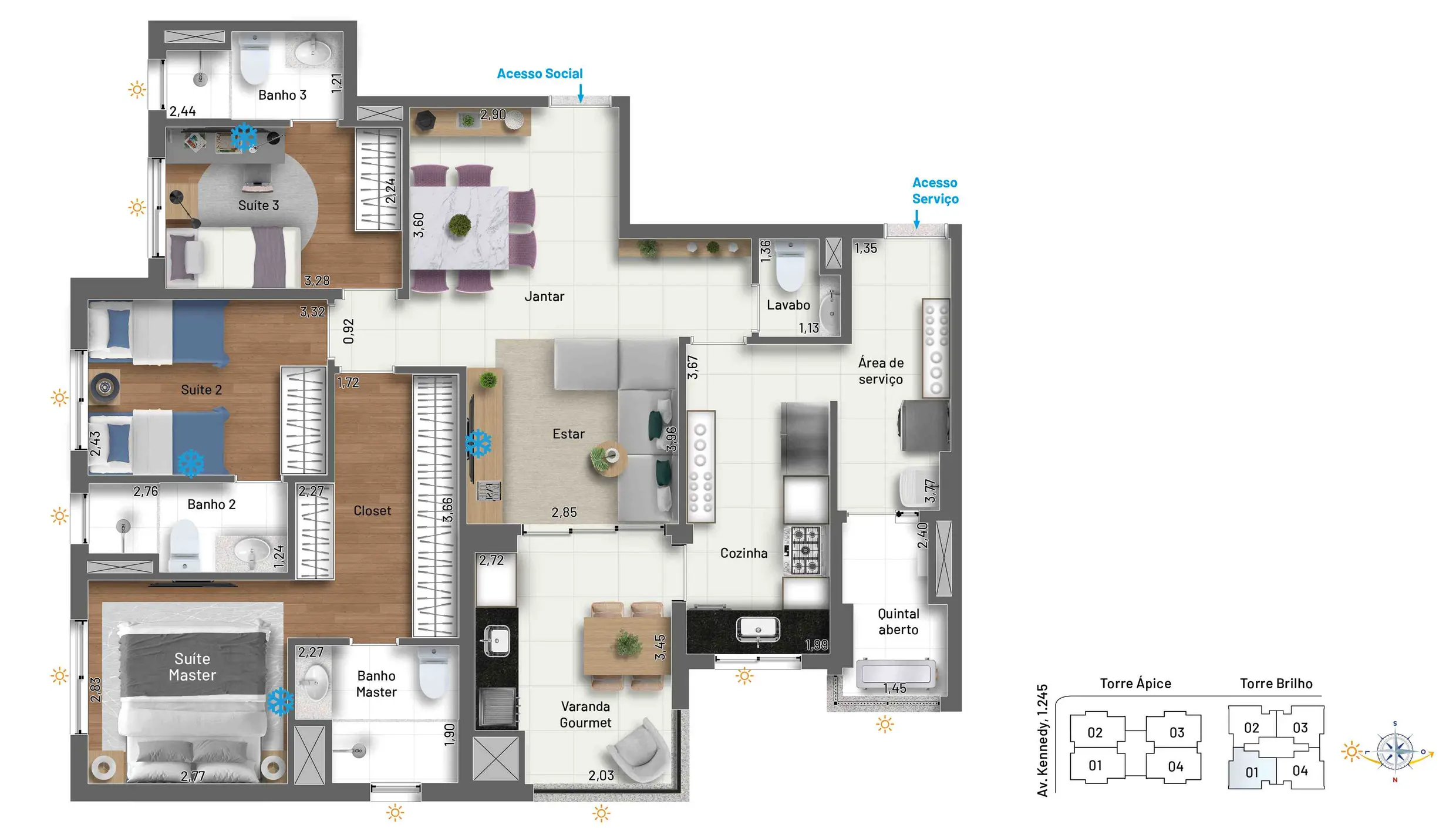 3 suítes, sendo a master com closet, lavabo, escritório e ampla varanda gourmet. Depósito home box por unidade. 