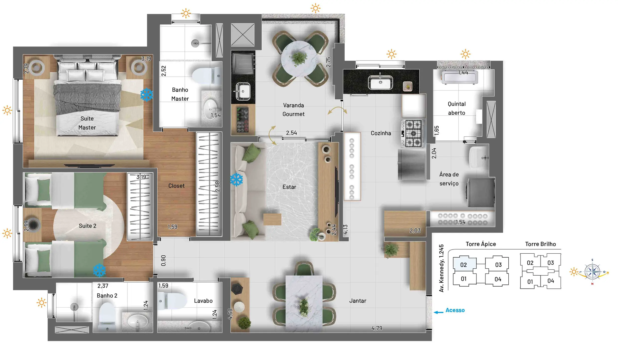 2 suítes, sendo a master com closet, lavabo e ampla varanda gourmet. Depósito home box por unidade. 