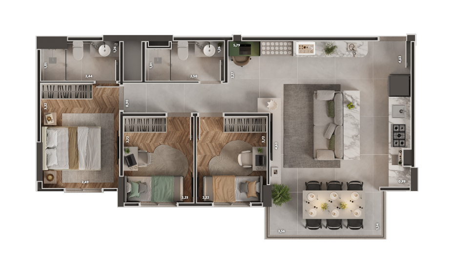 3 dormitórios (1 suíte)* Integração cozinha - varanda *Opção de 2 dormitórios com sala ampliada disponível.