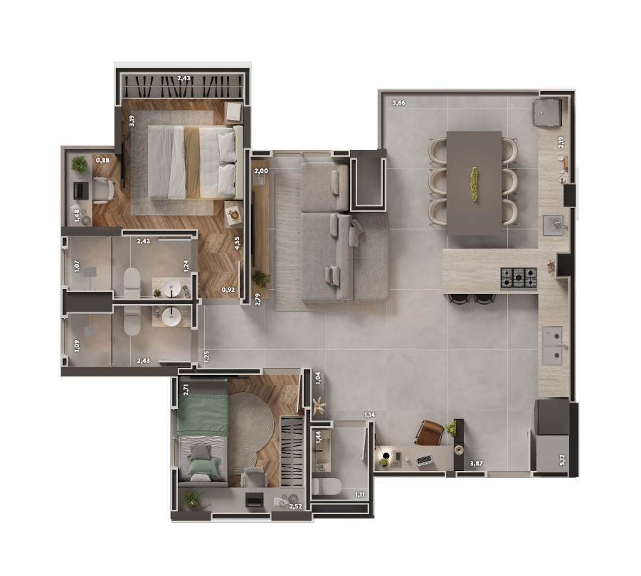 2 dormitórios (1 suíte) • Lavabo Integração cozinha - área gourmet