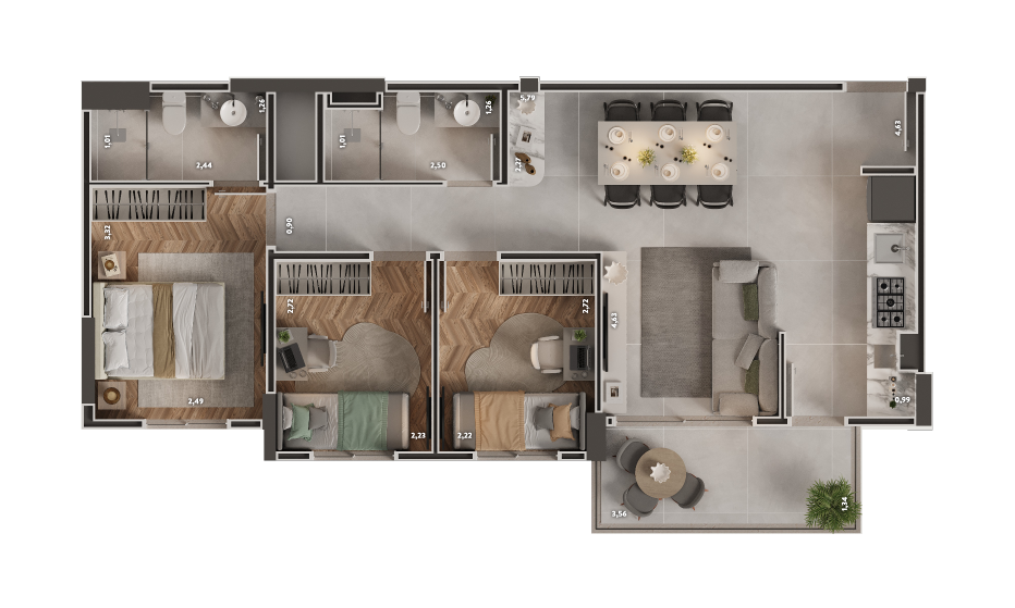 3 dormitórios (1 suíte)* Varanda *Opção de 2 dormitórios com sala ampliada disponível.