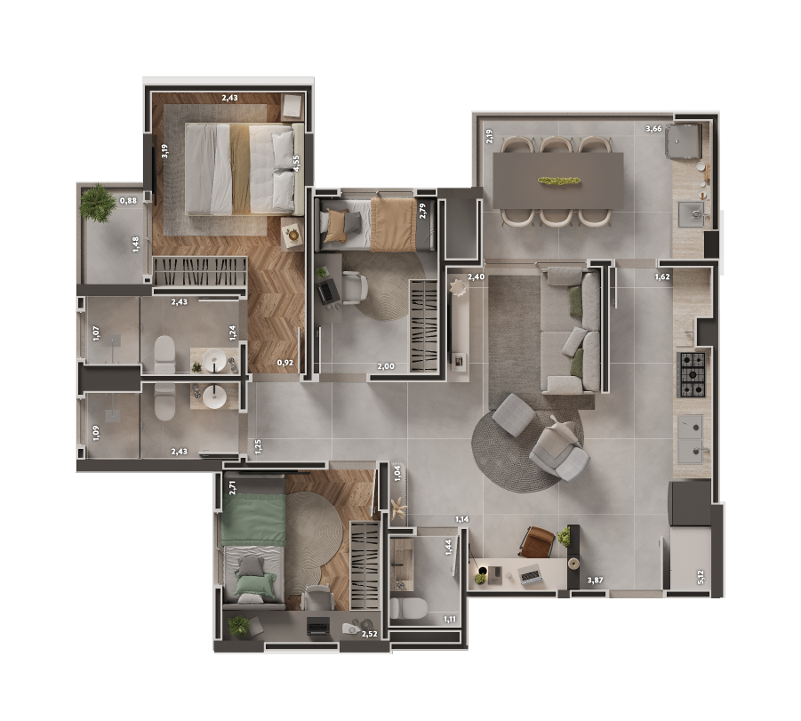 3 dormitórios (1 suíte) • Lavabo Integração cozinha - área gourmet